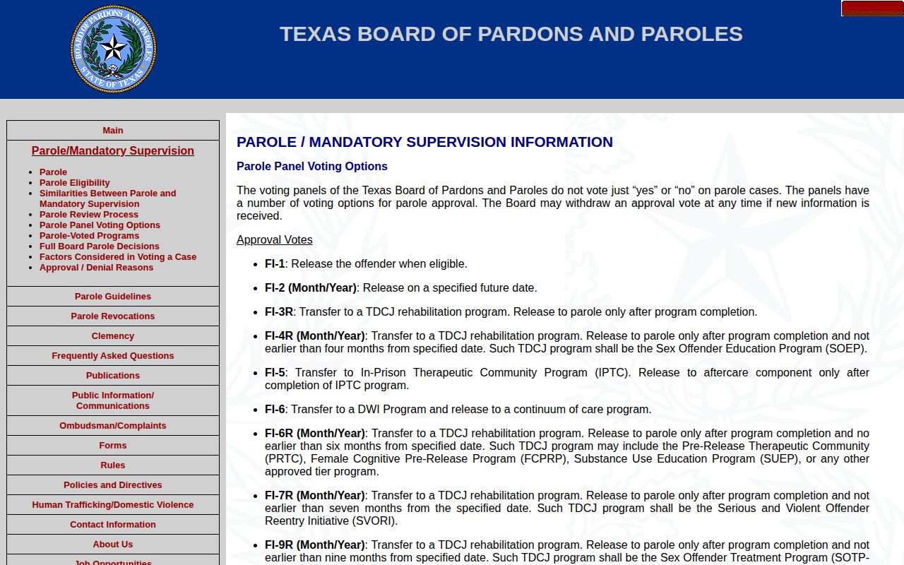 Texas Board of Pardons and Paroles vote outcome options